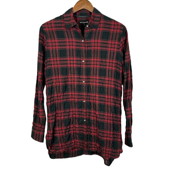 Rag & Bone | Red Black Plaid Gauze Long Sleeve Hi Low Tunic Button Front Shirt - Picture 2 of 10